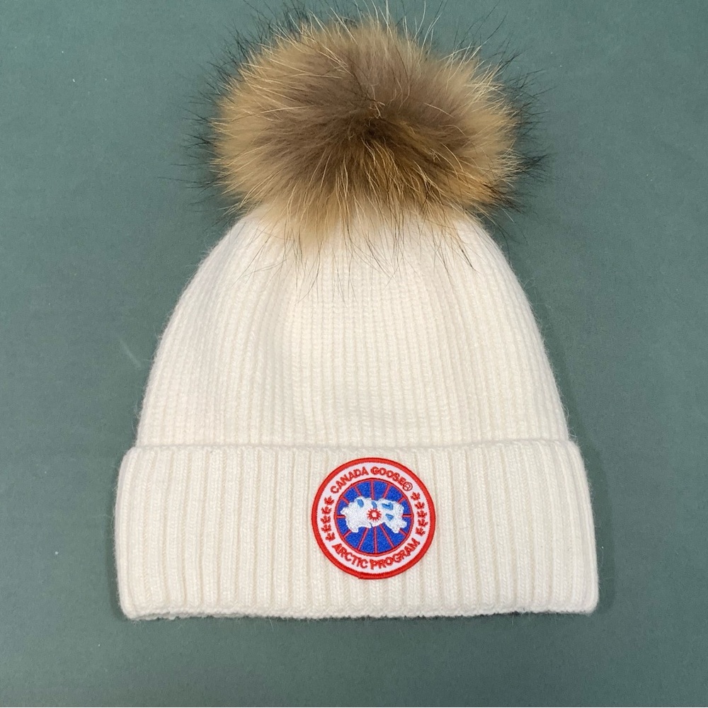Canada Goose White Beanie with Fur Pom